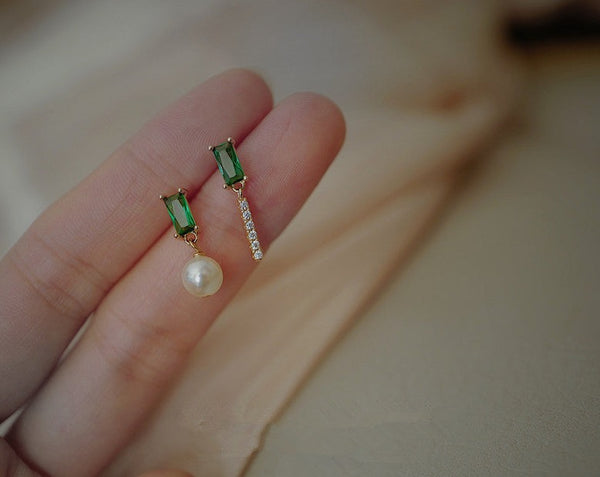 925-S Silver French Emerald Pearl Earrings
